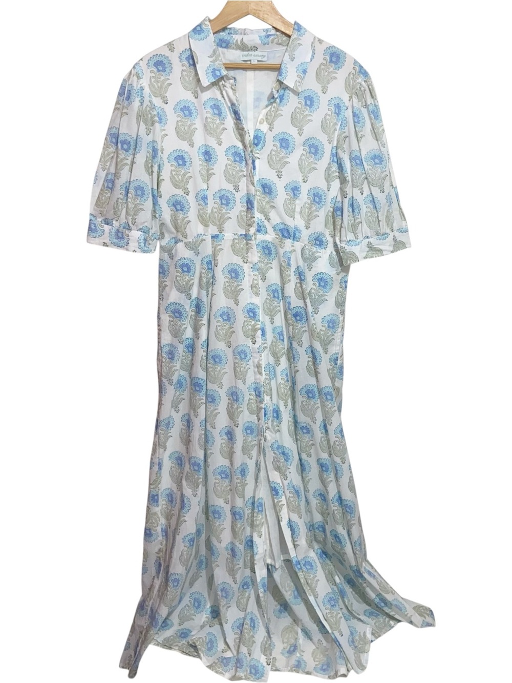 Julia India Amory Shirt Dress Large Maxi Floral Block Print Puff Sleeve Button